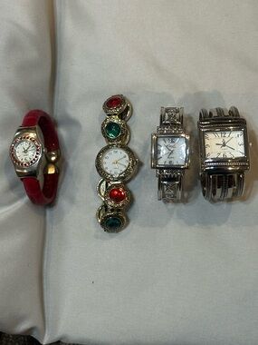 Fashion Women’s Watch Bundle: Silver Toned, Red Rhinestones, Vintage